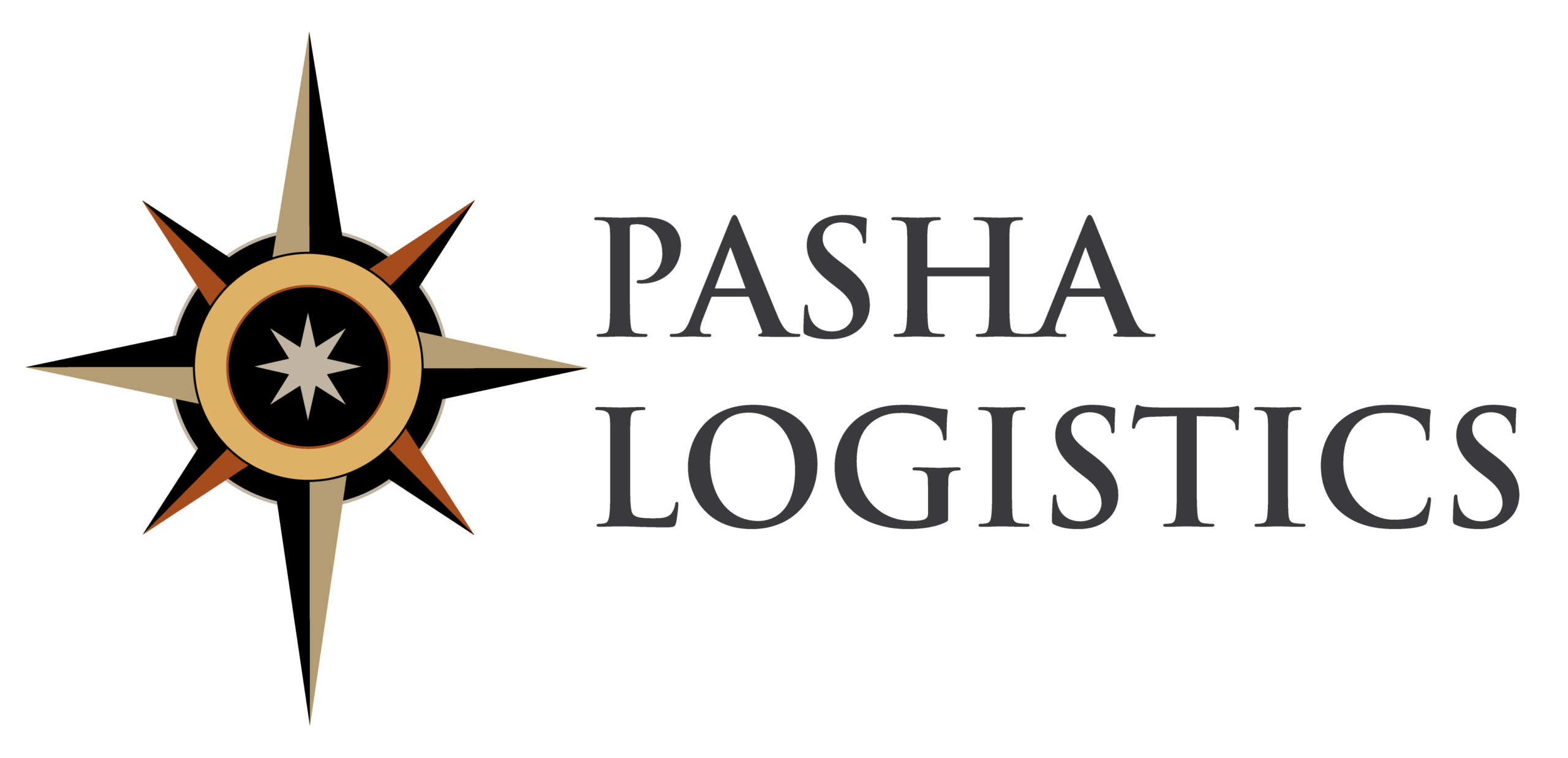 A stylized compass rose with black, gold, and brown points is to the left of the text "PASHA LOGISTICS" in uppercase gray letters on a white background.