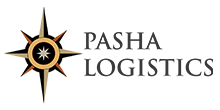 A compass rose logo with a gold and black design appears to the left of the text "PASHA LOGISTICS" written in uppercase letters.